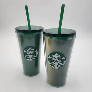 (2) Bicchieri da caffè Starbucks verde massiccio e sfumato 16 oz tazze fredde con coperchio, cannuccia - Foto 1 di 5