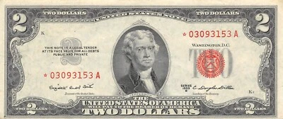 USA  *$2 Series of 1953 B  Block *-A Red Seal & Serial #  Circulated Banknote FH - Image 1 of 2