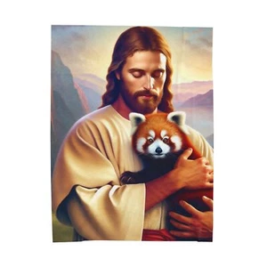 Jesus hält einen roten Panda, rote Pandadecke, roter Panda, Samt Plüschdecke - Bild 1 von 9