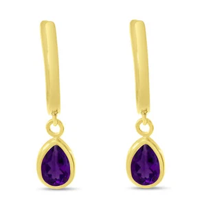 14K Yellow Gold Pear Amethyst Dangle Birthstone Huggie Earrings - Picture 1 of 1