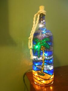 Palm Tree Bottle Lamp Hand painted Stained Glass Lighted