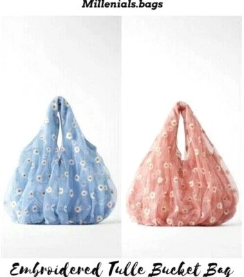 NWT ZARA EMBROIDERED TULLE BUCKET FLORAL DAISY/DAISIES PURSE HANDBAG/PINTEREST - Image 1 of 4