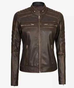Vintage Slim Fit Moto Racer Real Sheepskin Rub Off Brown Leather Jacket Coat S - Picture 1 of 20