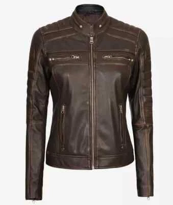 Vintage Slim Fit Moto Racer Real Sheepskin Rub Off Brown Leather Jacket Coat S - Image 1 of 4