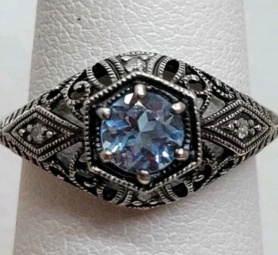 Anillo art deco vintage plata esterlina topacio azul diamante filigrana talla 5 3/4 Foto 1 de 4