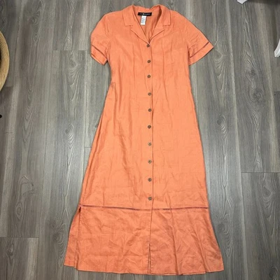 Sag Harbor Coral Linen Blend Button Down Midi Dress Size 12 Short Sleeve Summer - Image 1 of 4