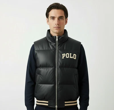 Chaleco Polo Puffer Chaqueta Bomber Negro Cuero de Vaca Genuino - RL Foto 1 de 4