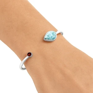 Premium Quality Larimar & Garnet 925 Sterling Silver Cuff Bangle Bracelet B-1004 - Picture 1 of 6