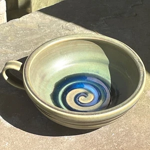 5.5" Pottery Cup w Blue Glaze Swirl Olive Black Art Studio Signed 2003 - Picture 1 of 3