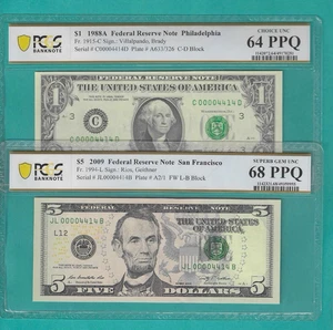 $1 and $5 2X Matching LOW Serial Number 4 Digit 00004414 PCGS Graded 68/64PPQ - Picture 1 of 2