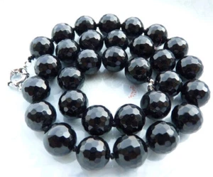 10mm Natural Faceted Black Agate Onyx Round Gemstone Beads Necklace 18" - Picture 1 of 3