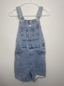 ZARA Short Overall Jean Shorts Szie 13 14 Denim Light wash Distressed Raw Hem - Picture 1 of 7