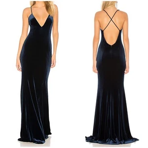 New Jay Godfrey Bowell Navy Blue Velvet Strappy Low V Neck & Back Gown Dress 0 - Picture 1 of 17