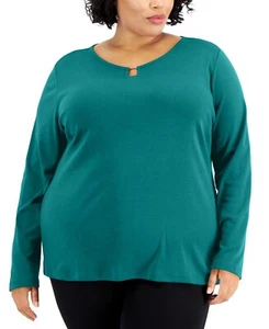 Karen Scott Women's Plus Size 2X Hardware Keyhole Neck Long Sleeve Top Teal - Picture 1 of 3
