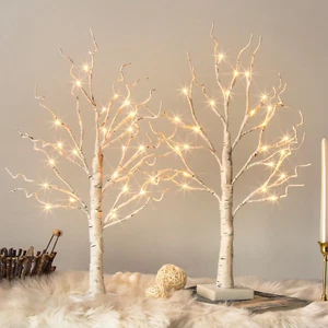 2 Pack Easter Tree 24 LED White Birch Tree Easter Lighted Home Decor 2FT Indoor  - Picture 1 of 10
