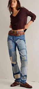 FREE PEOPLE WE THE FREE BARE WITH ME MID RISE STRAIGHT LEG JEANS PATCHWORK DENIM - Picture 1 of 5
