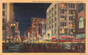 Broadway, South from Sixth Street, Los Angeles CA at Night PC Posted 1941 - Picture 1 of 2