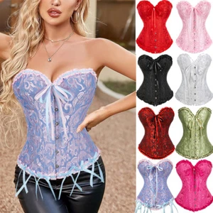 Women Bustier Corset Overbust Lace Up Boned Waist Cincher Burlesque Lingerie - Picture 1 of 35