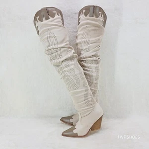 Iconic Country Western Thigh high Cowgirl Boots Cream Taupe Trim - Picture 1 of 11