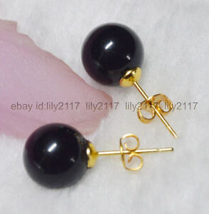 beautiful Fashion Jewelry 10mm Black Agate Beads Gemstone Gold Stud Earrings