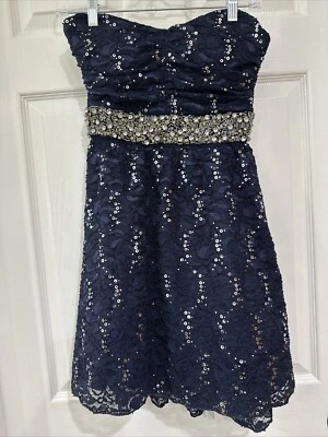 My Michelle Juniors SZ 7 Strapless Mini Party Dress Navy Sequin Bead Lace Lined - Image 1 of 4