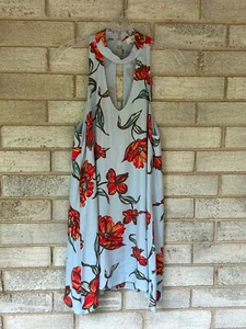 Sleeveless Halter Neck Blue California Poppy Fully Lined Gauze Swing Dress Sz S - Picture 1 of 8