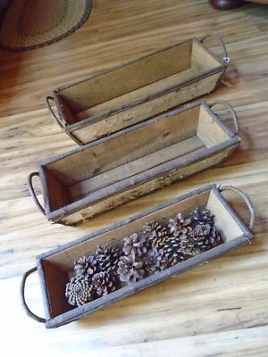 Rustic Wood Decorative Crate Boxes Trays  Kitchen Serving - Set of 3 Birch Bark - Image 1 of 4