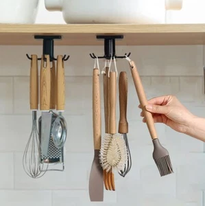 EigPluy 2pcs Under Cabinet Kitchen Utensil Hooks,360° Rotating Drilling Free ... - Picture 1 of 9