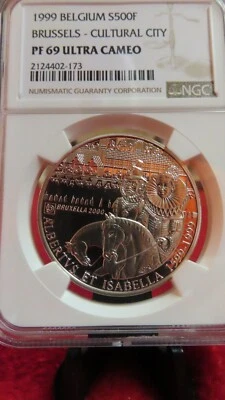 Bélgica plata 500 francos Bruselas Cultural City 1999 NGC PF 69 magnífica  Foto 1 de 4