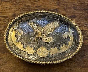 Vintage Eagle Belt Buckle Etched Patterned Gold Silver Tone 3.75" X 2.5" - Picture 1 of 3