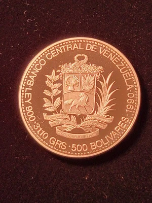 VENEZUELA 500 BOLIVARES SILVER PROOF CROWN 1990 BAEZ GEM CAMEO - Image 1 of 2