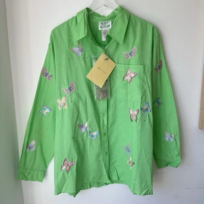 Camisa Mariposa Bordada de Fábrica Quacker Talla 1X Botón Verde Frontal Mezcla de Lino Foto 1 de 4