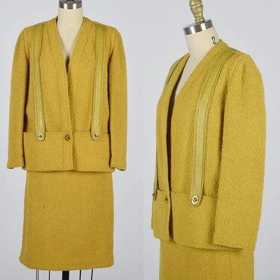 1960s Bonnie Cashin Attr. Mustard Yellow Wool Tweed Suit Leather Toggles Archive - Image 1 of 4