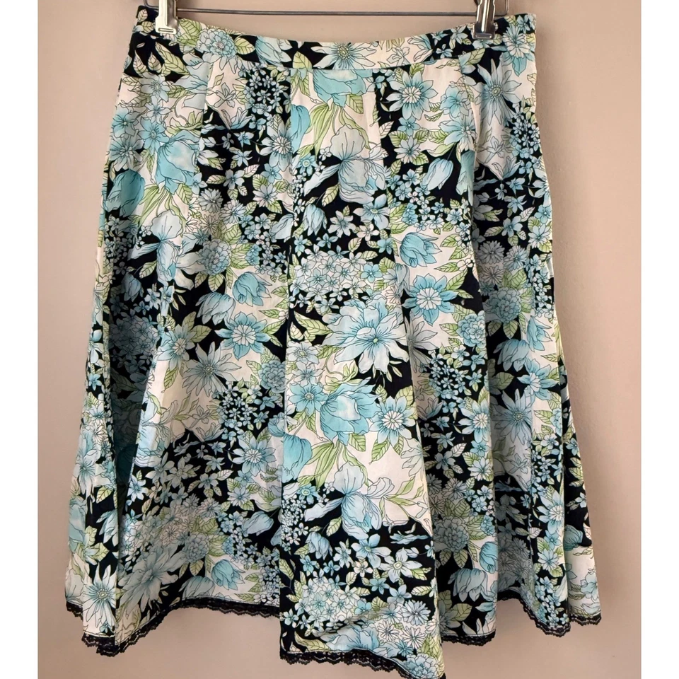 Y2K Dressbarn цветочный трапециевидный Midi юбка синий белый черный кружевной отделки размер 10 ретро - Изображение 1 из 4