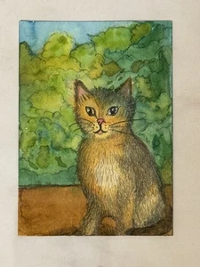 Aceo Original Art Trading Card, Süße Katze im Garten, Kunst von Sommer Rayn - Bild 1 von 3