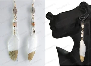 RETRO FEDER Gold Mode OHRRINGE lange Ketten ECKIG Art Deco Stil Glas - Bild 1 von 7