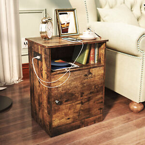 Wood Nightstand Side Table Storage Rustic Bedroom End Table w/ USB & Power Ports