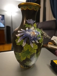 Vaso da tavolo cinese floreale in ottone cloisonne per casa ufficio 9" H 4,75" W - Foto 1 di 9