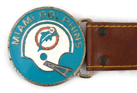 Vintage 1971 Miami Dolphins Enameled Buckle & Brown Vinyl Belt Offical NFL Cover