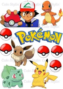 POKEMON CAKE TOPPERS Edible Wafer Paper ASH PIKACHU LOGO - Picture 1 of 1