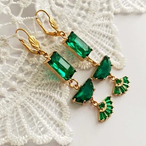 Art Deco Emerald Green Fan Earrings Bridal Lever Back Statement Emerald Cut - Picture 1 of 4