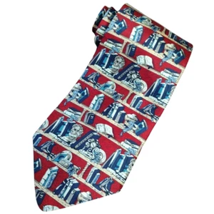 Men's 100% Silk Tie Book Shelf Library Neckties Red Blue Museum Artifacts - Picture 1 of 11