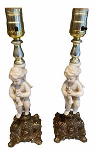 Vintage Set of 2 Mid Century Brass & Porcelain Bisque Cherub Lamps B.M 313 Japan - Picture 1 of 12