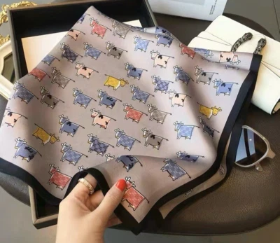 26"X26"Grey  Calf Print Pure Mulberry Satin Silk12momme Scarf 65x65cm5-53 - Image 1 of 4