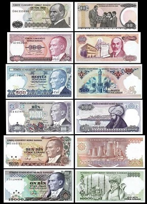 Turkey 6 Pcs UNC Set, 10 100 500 1000 5000 10000 Lira 1970 1989 - Image 1 of 4
