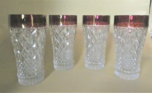 Vintage - 4 Cranberry Red 1" Rim Clear Graduated Diamond Cut Crystal Tumblers - Picture 1 of 4