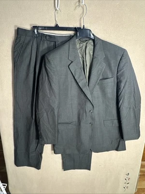 Paul Dione 44R Relaxed Brown Dark Gray Striped Wool 2 Button 2 Piece Suit 37x29 - Image 1 of 4