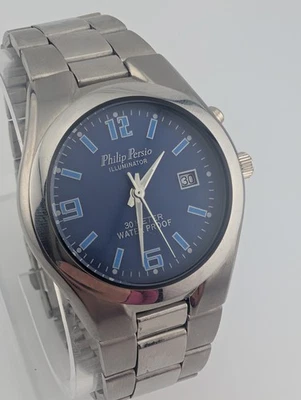 Philip Persio Illuminator Watch Men 38mm Case Silver 7.75" Band- New Battery - Image 1 of 4