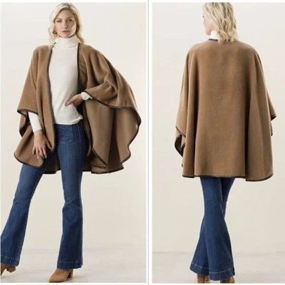NEW Sofia Cashmere Arequipa Alpaca Cape OS Camel Baby Alpaca Wool Leather Trim - Image 1 of 4