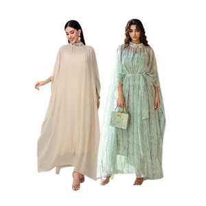 Dubai 2PC Chiffon Abaya Muslim Women Inner Dress Half-High Neck Party Dress Robe - Picture 1 of 38